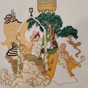 Custom embroidery digitizing applied to white fabric, showing stitch accuracy and clarity.