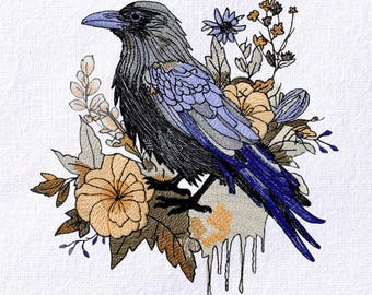 May include: Embroidered design of a raven with blue, gray, and black feathers, perched amidst tan and orange flowers and foliage. The artwork has a detailed, textured appearance, with a white background.