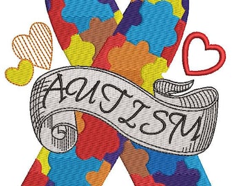 Autism Awareness Embroidery Design, Autism Ribbon Machine Embroidery Files, Instant Download PES DST