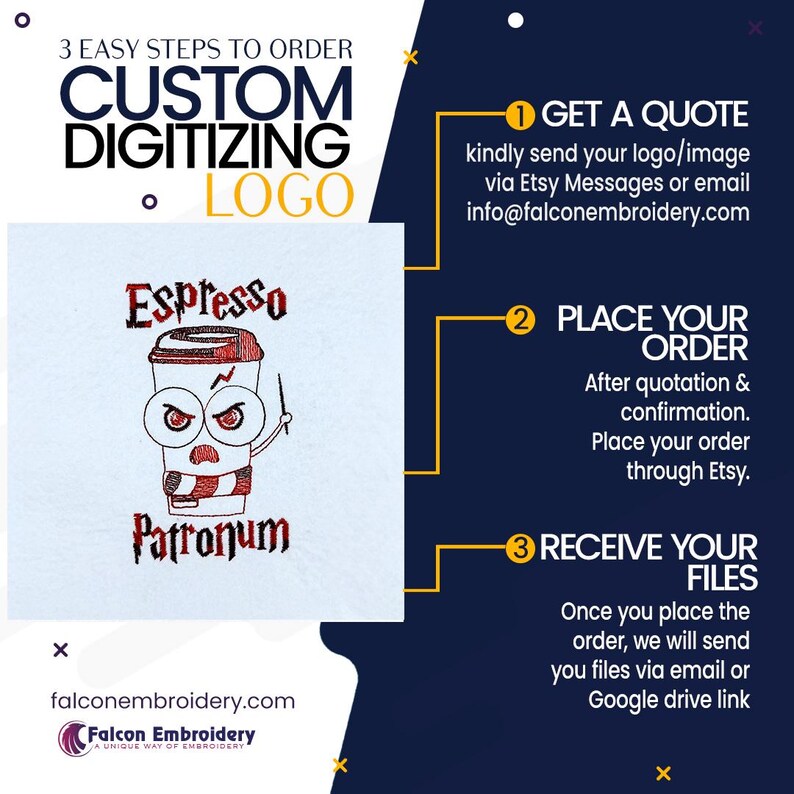 Example of logo digitized for embroidery machines, image to stitch file conversion in multiple formats including DST, PES, JEF, EXP.