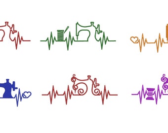 Pode incluir: Seis designs de batimentos cardíacos de máquina de costura de diferentes cores. Os designs são vermelho, verde, laranja, azul, castanho e roxo. Cada design apresenta uma máquina de costura com uma linha de batimentos cardíacos e um coração de cada lado.