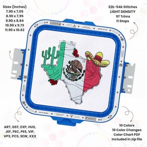 Può includere: Un telaio da ricamo blu con un disegno che combina le bandiere del Texas e del Messico. Il disegno comprende un cactus, rose e un sombrero. L'immagine include testo che indica le dimensioni in pollici, il conteggio dei punti e le informazioni sui colori.