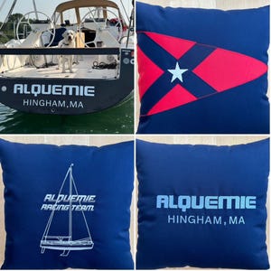 High-quality customer-shared sewout of multiple custom digitized designs, stitched on blue cushions with smooth color transitions.