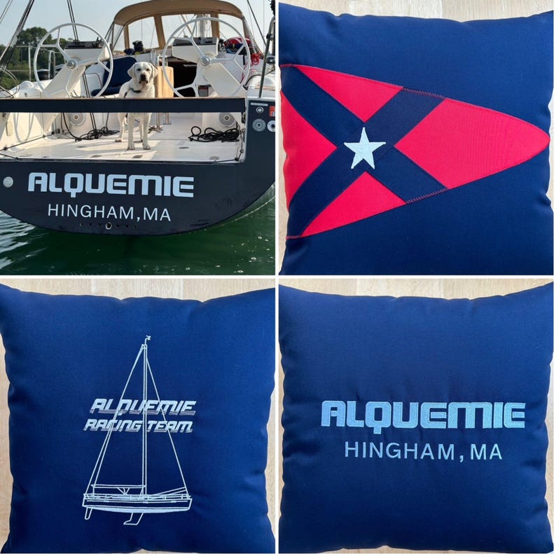 High-quality customer-shared sewout of multiple custom digitized designs, stitched on blue cushions with smooth color transitions.