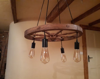 Farmhouse Style Wagon Wheel Chandelier with Vintage Wood and Linseed Oil Finish