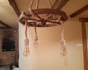 Vintage Wood and Wagon Wheel Chandelier - Rustic and Farmhouse Style - Custom Length Available
