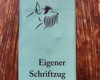 Personalized folder, motif "Schnauzer", for EU pet passport made of leather in turquoise