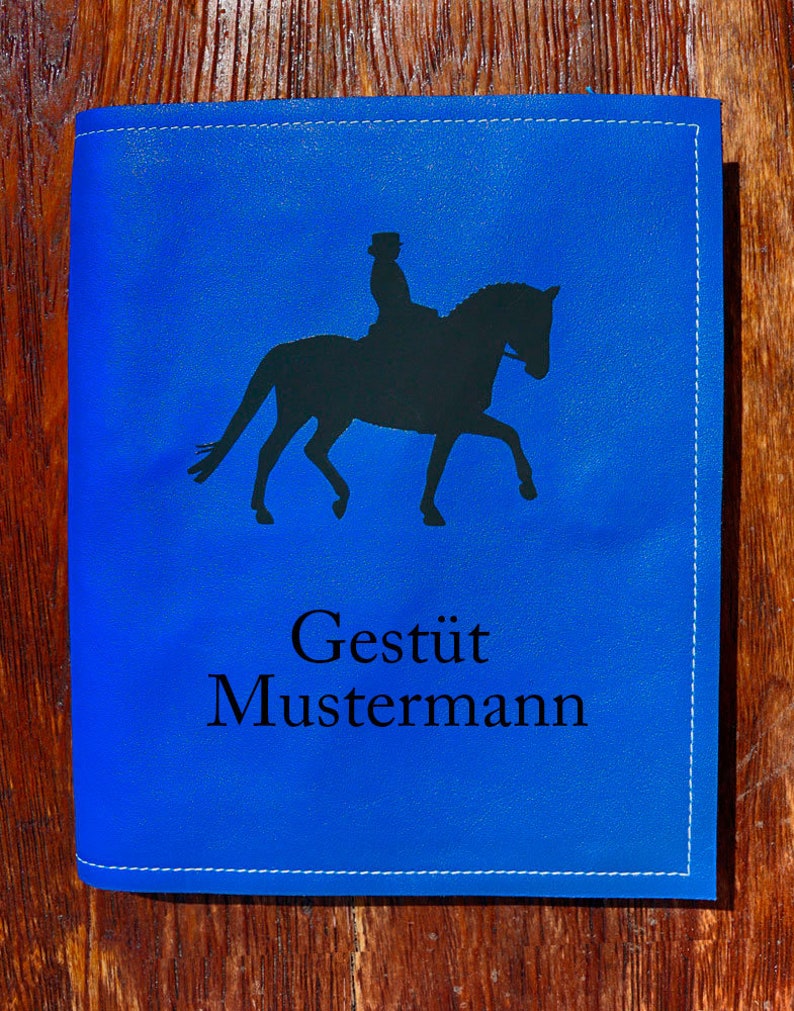 Horse passport folder in blue leather with a dressage rider for up to 7 passports image 2