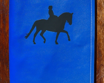 Horse passport folder in blue leather with a dressage rider for up to 7 passports