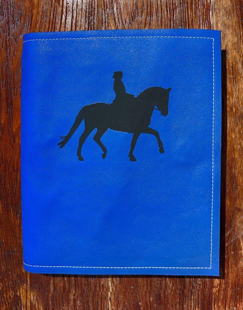 Horse passport folder in blue leather with a dressage rider for up to 7 passports image 1