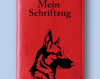 Personalized folder, motif "German Shepherd", for EU pet ID card made of leather in red