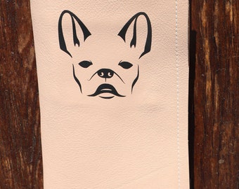 Personalized folder, French bulldog motif, for EU pet ID card made of beige leather