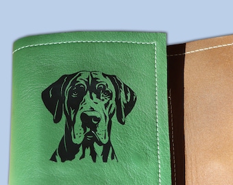 Personalized EU pet passport folder, Great Dane motif, made of green leather