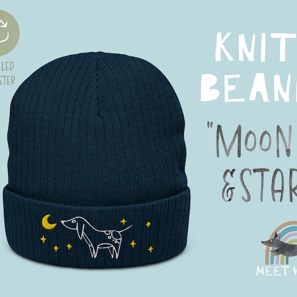 Gerippte Beanie "Mond & Sterne" | Dackel Damen Beanie Mütze | Mütze Hund Stickerei | Bestickter Hut | Hundeliebhaber Geschenk | Stickdatei Hund | Strickmütze