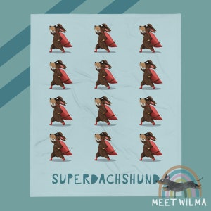 May include: A light blue blanket with a repeating pattern of cartoon dachshunds in superhero costumes with red capes. The words "SUPERDACHSHUND" are printed in white. A small illustration of a dachshund and rainbow is in the corner.
