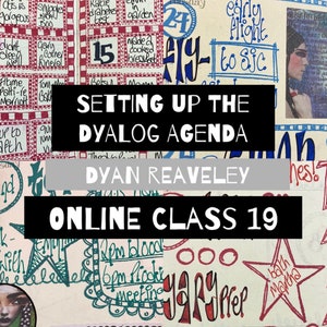 Może przedstawiać: Kolorowy obraz z tekstem "Setting Up The Dyalog Agenda" i "Dyan Reaveley Online Class 19". Obraz zawiera również różne bazgroły i rysunki, w tym gwiazdy, koła i twarz.