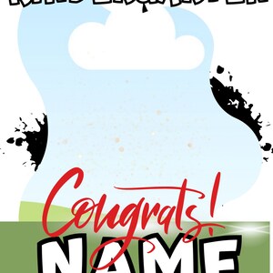 May include: A blue and green graduation card with the text "Kindergarten Congrats! NAME" in white and red lettering. The card features a white cloud and black splatter paint.