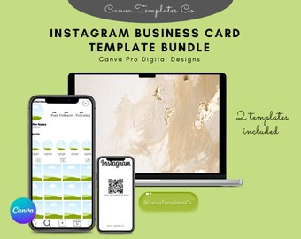 May include: A digital mockup of two Instagram business card templates. The first template features a blue and green color scheme with a cloud and grass design. The second template features a white background with a QR code and the text "Instagram". The text "Canva Templates Co." is visible in the bottom right corner of the image.