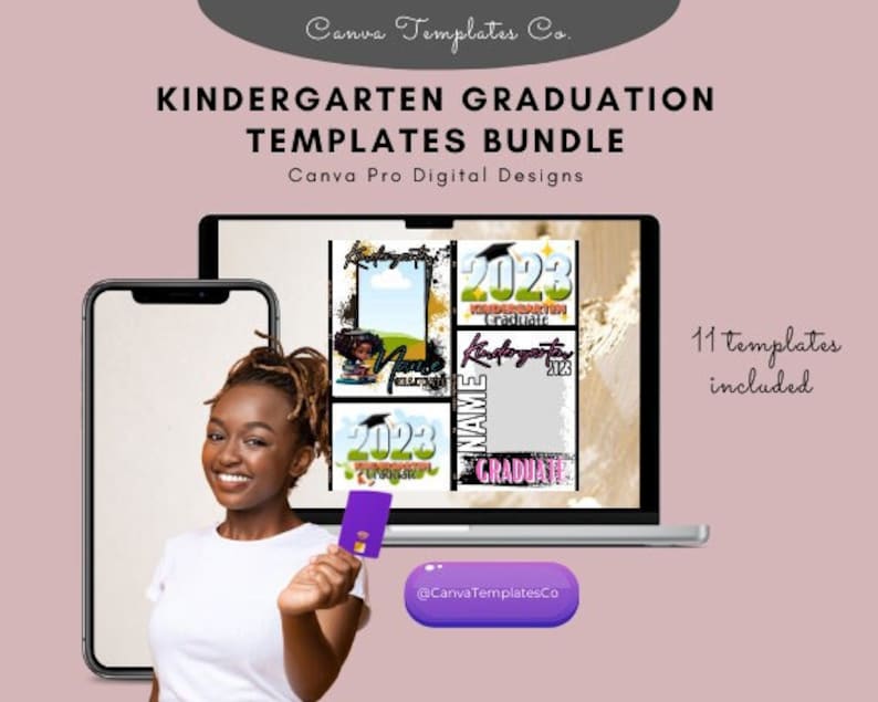 May include: A digital design bundle for kindergarten graduation featuring 11 templates with a black and white grunge design. The templates include the year 2023, the word "Graduate", and a space for a name. The templates are designed for Canva Pro.