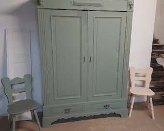 Antique Shabby Chic cupboard/wardrobe in farmer green chalk paint with shelves and drawers, solid oak