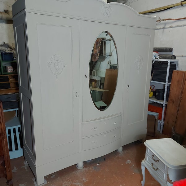 SALE**SALE*Large antique shabby chic wardrobe in mocha chalk color with shelves and hanging rod