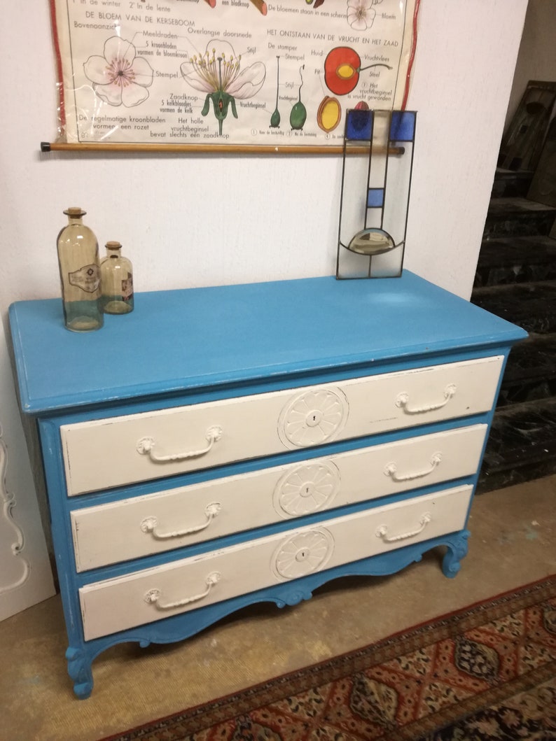 Large Shabby Chic Store Drawer In Blue With 3 White Drawers Etsy