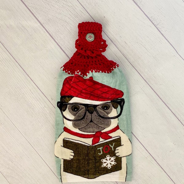 Pug with Glasses Reading a Book, Crochet-Top Towel, Pug Lover Gift, Winter Snowflake, Dog Kitchen Towel, Christmas Decor, Joy to the World