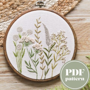Modello di ricamo floreale / Disegno di ricamo digitale di fiori / Steli di fiori selvatici boho botanici / Download PDF