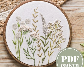 Floral Embroidery Pattern | Digital Flower Embroidery Design | Botanical Boho Wildflower Stems | PDF Download
