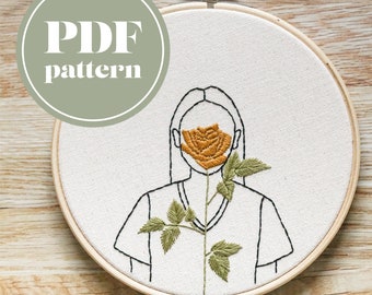 Digital Embroidery Pattern | Orange Rose Girl Aesthetic Embroidery Design | PDF Download