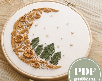 Celestial Embroidery Pattern | Digital Embroidery Pattern | Boho Woodland Moon and Stars | PDF Download