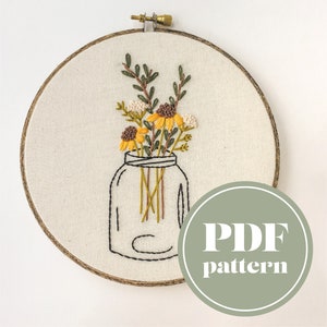 Digital Embroidery Pattern | Woodland Wildflower Floral Mason Jar Design | PDF Download