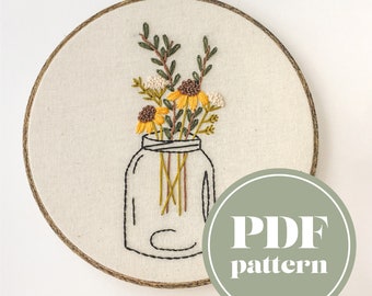 Digital Embroidery Pattern | Woodland Wildflower Floral Mason Jar Design | PDF Download