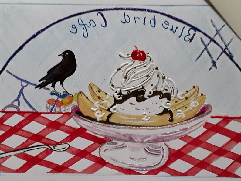 Thru Cafe Window Ice Cream Sundae Card,Crow Raiding basket.Crow vs ice cream,Cafe treat card,Katalina/'s favorite treat, Crow Craving Sundae