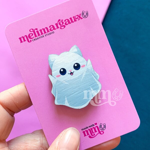 Pin's bois chat fantôme mignon, cadeau pas cher pour amoureux des chat, pin kawaii, pin eco-responsable, pin sac à dos, pin halloween