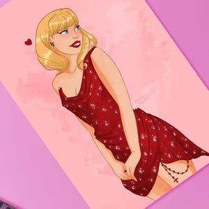 TS illustration Grammy | format A6, A5 | Illustration femme blonde robe rouge | Grammys 2025 | décoration intérieur | carte postale digitale