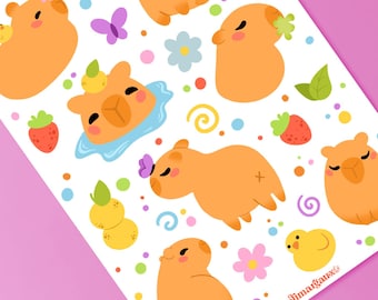 Vel met glanzende stickers, schattige capibara's, kawaii dieren, scrapbookstickers, bullet journal, planner, dagboek