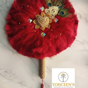 Empress hand fan,Feather handfan, bridal hand fan, African bridal hand fan, bride's maid hand fan, Round hand fan, Bejeweled hand fan