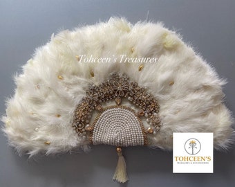 Bridal hand fan, Pearl Brid gton inspired fan for brides, Nigerian hand fan, feather bouquet, African wedding hand fan,Semi circle hand fan