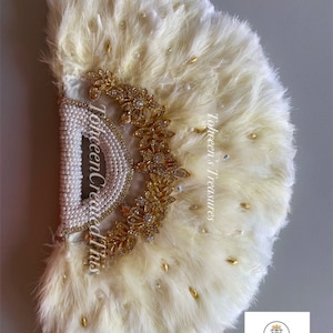 Bridal hand fan,Pearl Clutch purse inspired  fan for brides,Nigerian hand fan,feather bouquet, African wedding hand fan,Semi circle hand fan