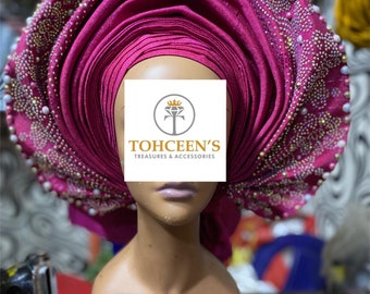 Fuchsia Pink Embellished Autogele Asooke for Yoruba Brides handwoven fabric pre-tied gele for Nigerian wedding Asoebi