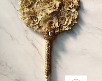 Gold hand fan,wand handfan,round hand fan,lace handfan,wedding handfan,handfan for brides,bridal train handfan,African wedding handfan