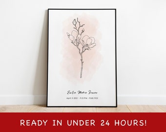 Arte de flores de nacimiento personalizado, Arte digital, Regalo personalizado, Obra de arte de flores de nacimiento, Dibujo de línea, Flor de acuarela, Regalo para recién nacidos