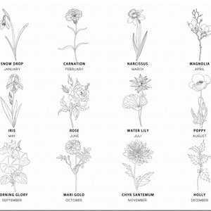 Puede incluir: Ilustraci&oacute;n en blanco y negro de doce flores diferentes, cada una representando un mes del a&ntilde;o. Las flores incluyen un galanto, clavel, narciso, magnolia, iris, rosa, nen&uacute;far, amapola, gloria de la ma&ntilde;ana, cal&eacute;ndula, crisantemo y acebo.