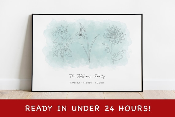 Custom Birth Flower Art, Digital Art, Personalized Gift, Birth Flower Artwork, Line Drawing, Mothers Day, Watercolour Flower, New Mum Gift