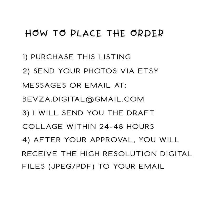 May include: White text on a white background details the steps to order. The text reads "HOW TO PLACE THE ORDER" followed by numbered instructions: purchase the listing, send photos, draft collage, and receive files.