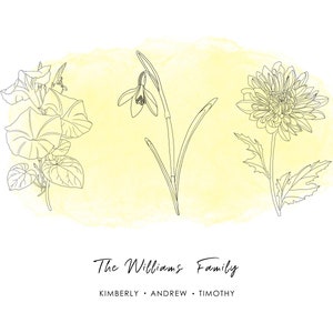 Puede incluir: Una impresi&oacute;n de arte lineal floral con tres flores diferentes: campanillas, un galanto y un crisantemo. El texto "The Williams Family" est&aacute; debajo de las flores, con los nombres Kimberly, Andrew y Timothy debajo.