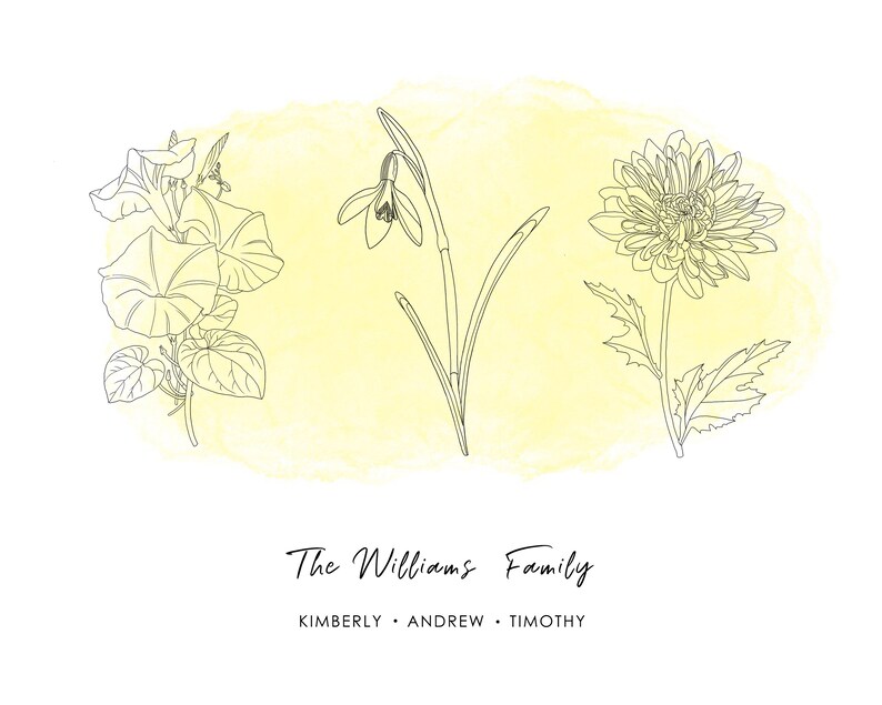 Puede incluir: Una impresi&oacute;n de arte lineal floral con tres flores diferentes: campanillas, un galanto y un crisantemo. El texto "The Williams Family" est&aacute; debajo de las flores, con los nombres Kimberly, Andrew y Timothy debajo.