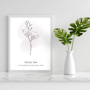 Puede incluir: Una impresi&oacute;n enmarcada con una ilustraci&oacute;n floral en blanco y negro de una rama de magnolia y un fondo rosa acuarela. La impresi&oacute;n incluye el nombre "Nicholas Jade", medidas y fecha. Un jarr&oacute;n blanco exhibe hojas tropicales verdes.