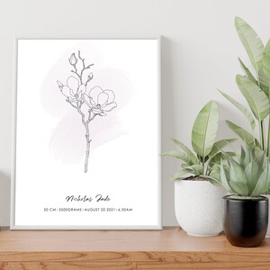 Puede incluir: Una impresi&oacute;n enmarcada con una ilustraci&oacute;n de flor de magnolia en blanco y negro y un suave lavado de acuarela rosa. La impresi&oacute;n incluye el nombre "Nicholas Jade", medidas y fecha. La impresi&oacute;n se muestra sobre una superficie de madera con plantas en macetas.